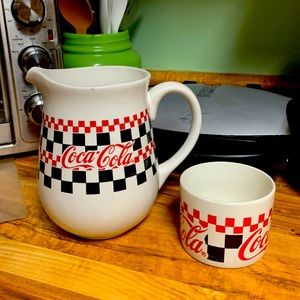 Coca Cola heavy porcelain China  pitcher , 4 mugs, and salt & Pepper set